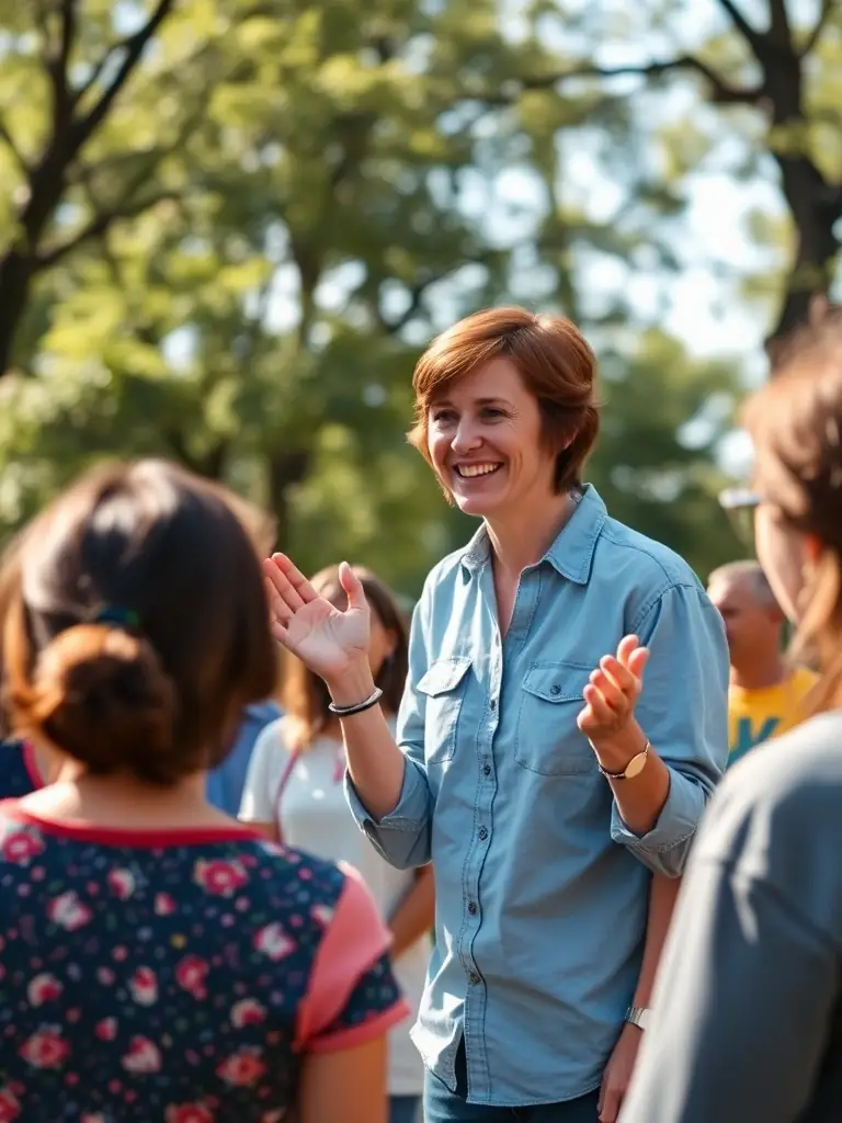 A volunteer helping participants during an improvisational theatre workshop at The Swallow Ballet, smiling and engaged.