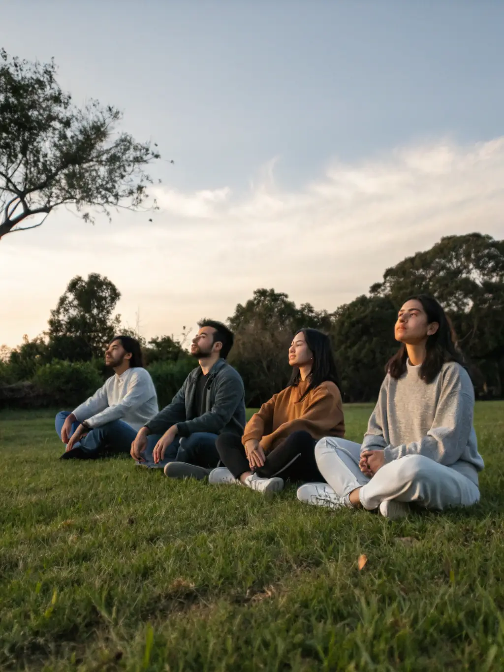 Participants in a circle, eyes closed, deeply focused on a guided meditation session during a retreat, promoting relaxation and mindfulness.