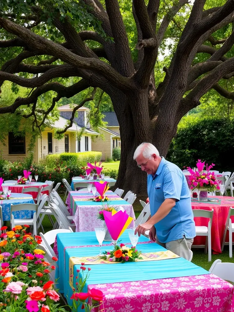 A volunteer setting up the dining area for a shared meal at The Swallow Ballet retreat, creating a welcoming atmosphere.