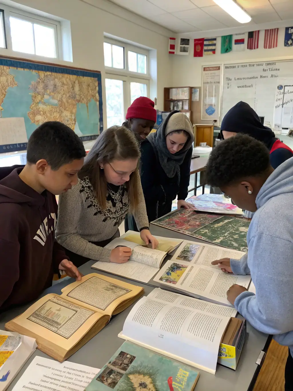 A photograph capturing a group of students actively participating in a cooperative learning activity, showcasing teamwork and engagement in a classroom setting supported by OCCE.