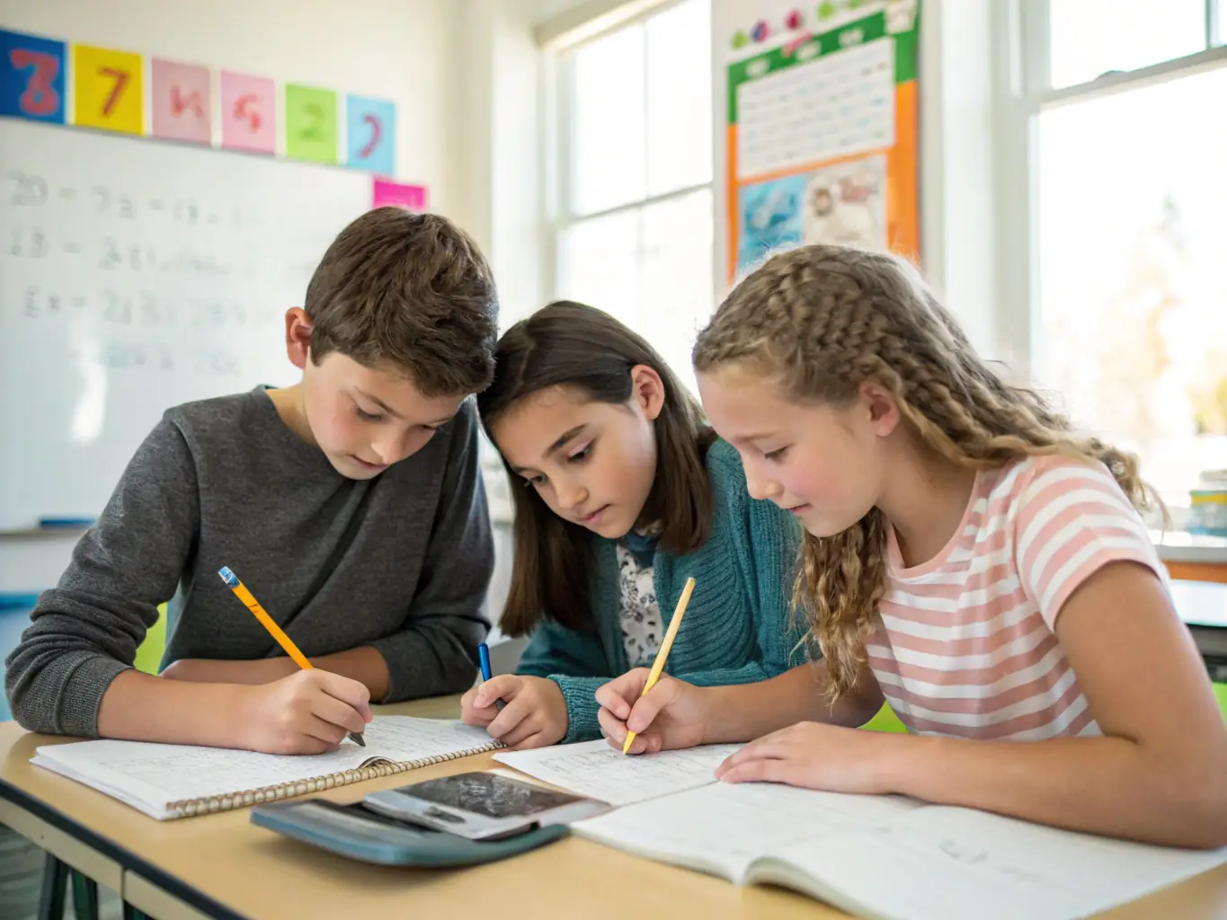 A group of students actively participating in a cooperative learning activity, showcasing teamwork and problem-solving skills in a classroom setting.