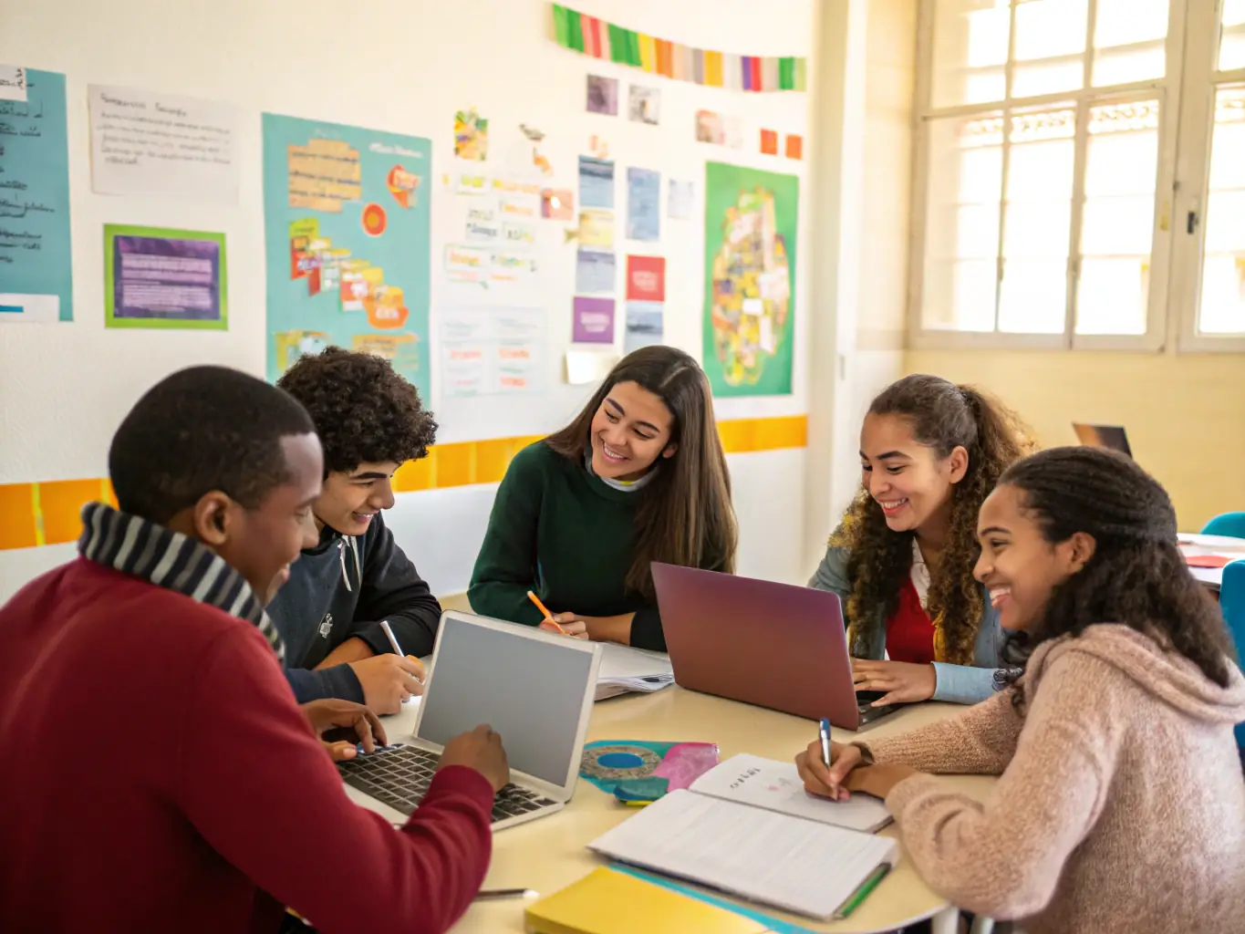 A diverse group of students participating in a student club meeting, discussing ideas and planning activities, highlighting inclusivity and teamwork.