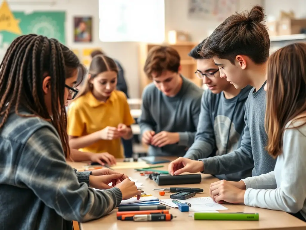 A vibrant image of students working together on a school project, showcasing the practical skills they develop through active participation in cooperative activities.