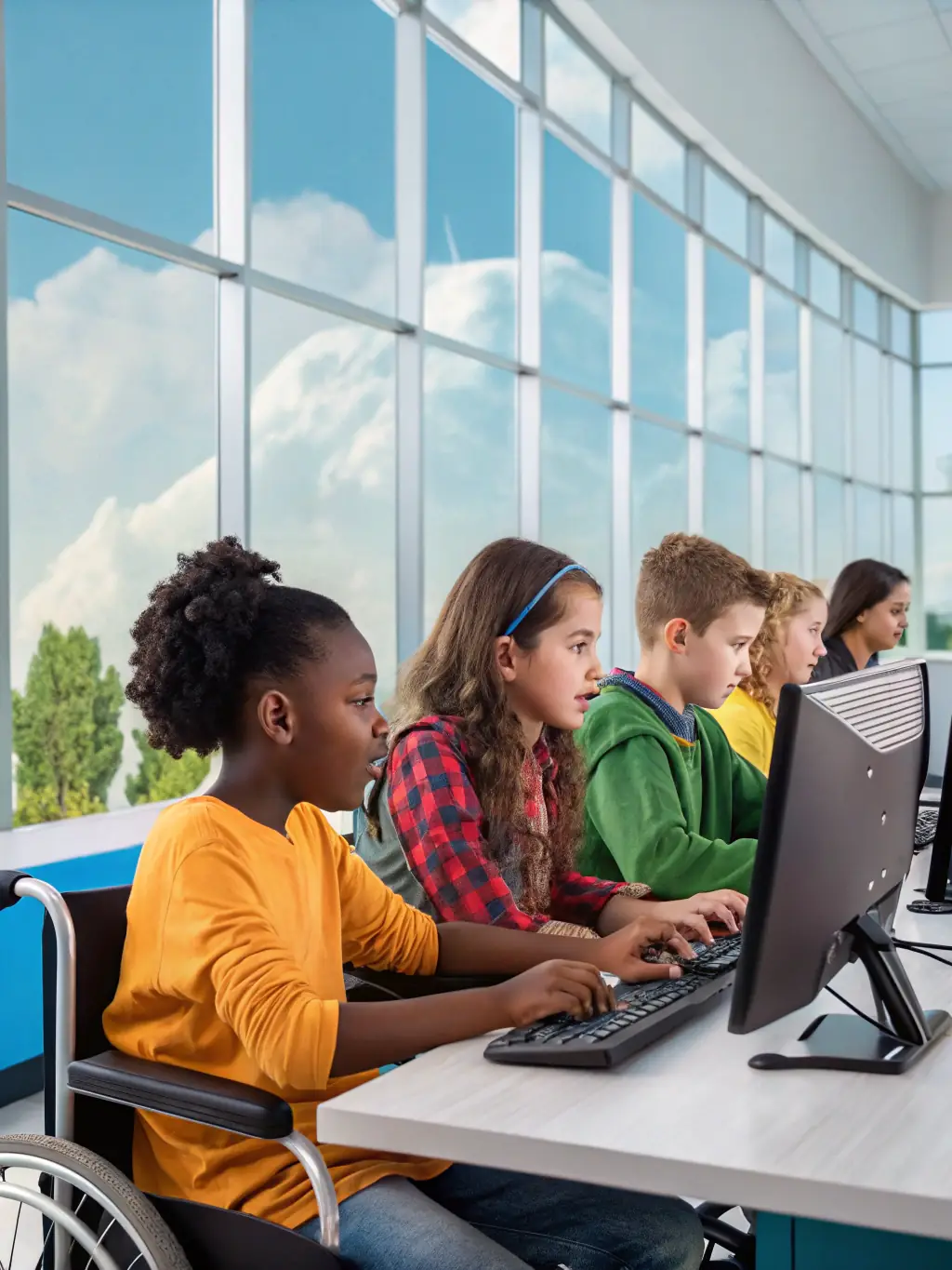 A dynamic image of students using new resources and tools provided by OCCE to enhance their learning environment, showcasing the practical support offered to schools.