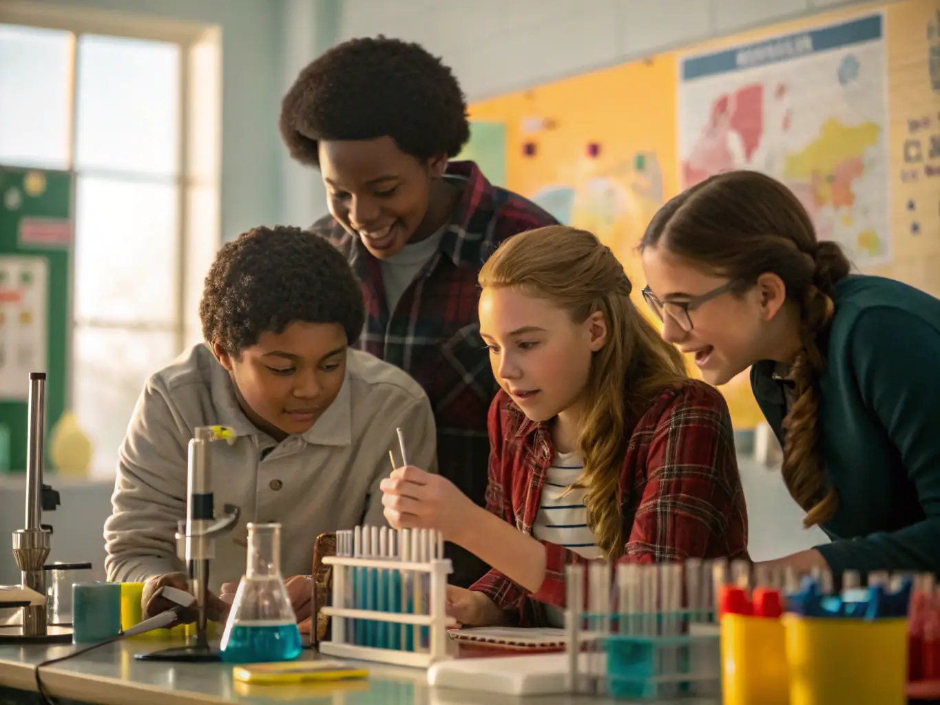 An image of students actively participating in a cooperative learning activity, working together on a project in a classroom setting, symbolizing teamwork and collaboration.