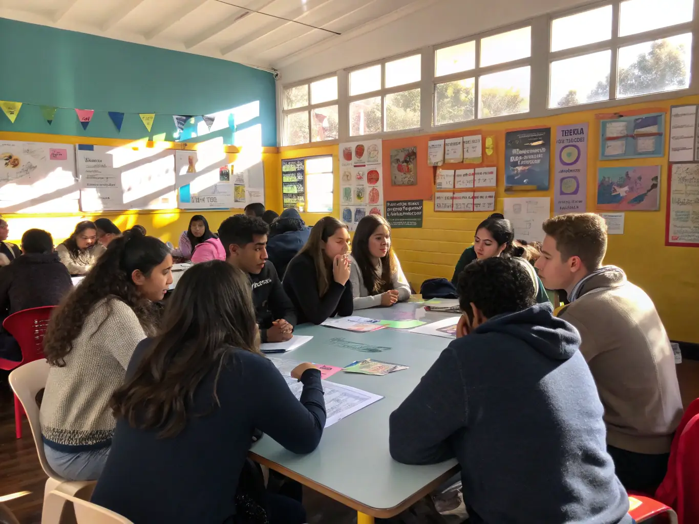 A photograph capturing a civic engagement workshop in action, with students actively participating in discussions and activities related to civic responsibilities.