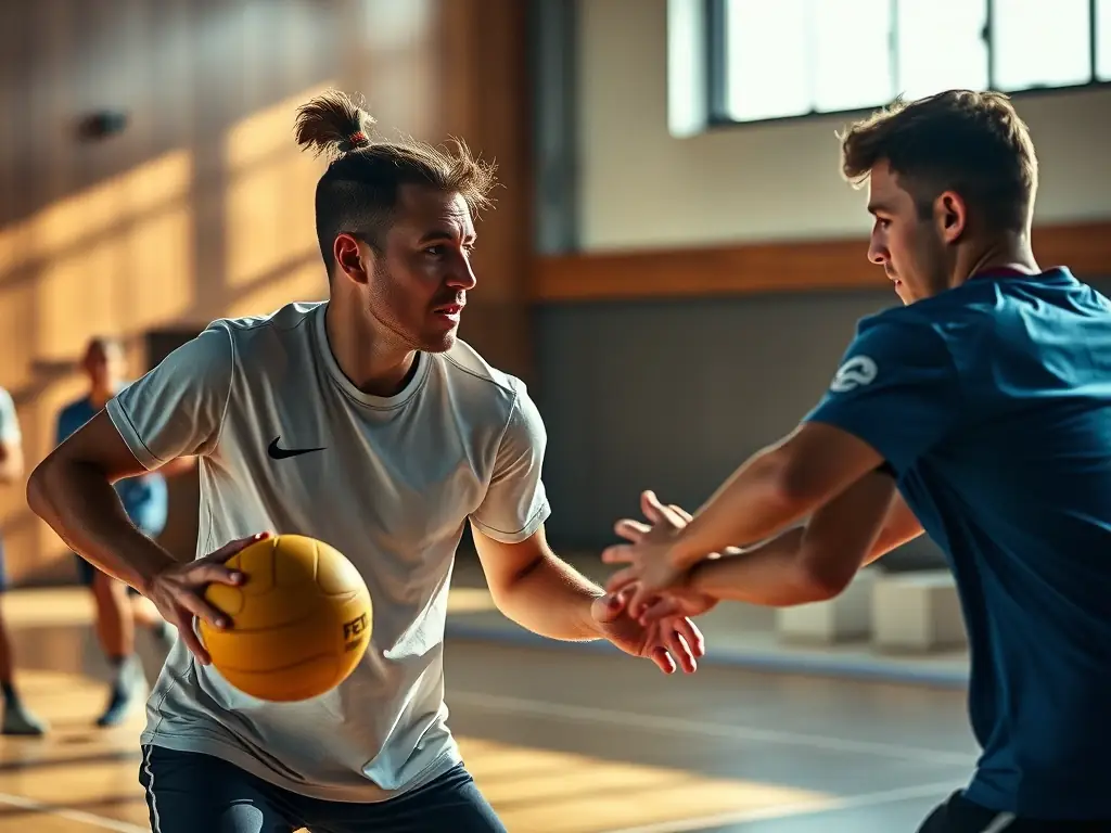 An image showcasing adult players engaged in a competitive handball match at Gonfreville Handball, demonstrating advanced techniques and strategic gameplay.