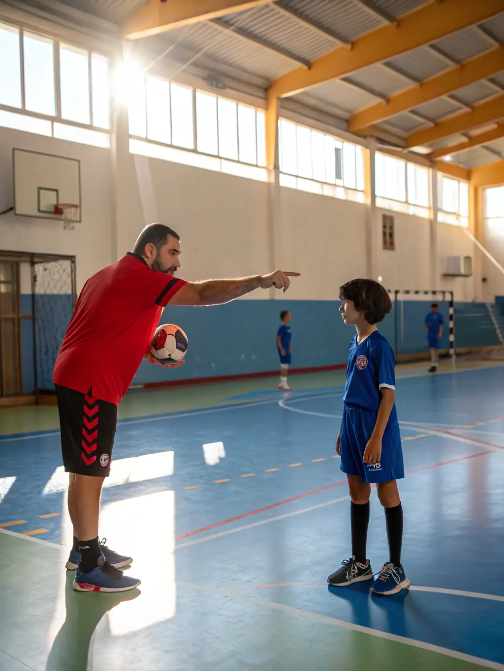 A coach in Gonfreville guiding handball players through a specific technique, highlighting the importance of expert instruction and skill refinement.