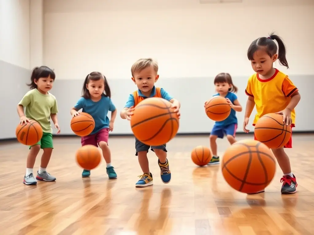 A dynamic image of young children participating in a beginner's handball training session at Gonfreville Handball, focusing on fundamental skills and teamwork.