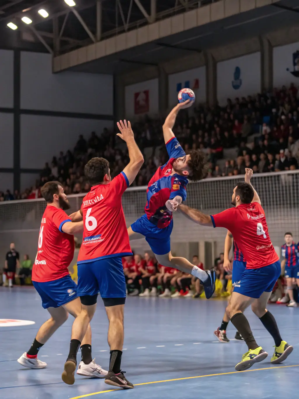 A dynamic action shot of a handball match in Gonfreville, featuring players competing intensely for the ball.