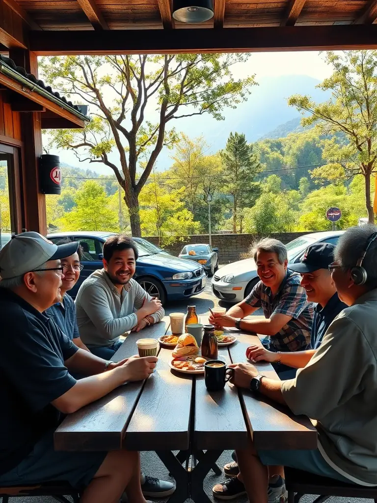 A group of Japanese car enthusiasts gathered at a scenic location, sharing stories and experiences over coffee and snacks.