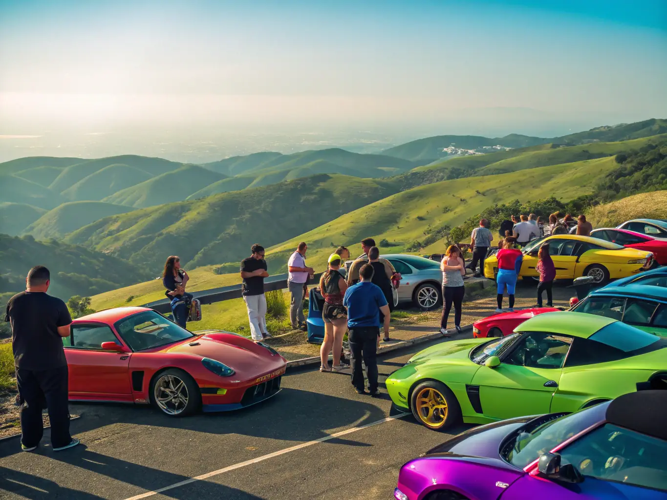 A lively image of a JAPAN DAYS car meet, showing a diverse collection of customized Japanese cars parked in a row, with people mingling, sharing stories, and enjoying the camaraderie of the car community.