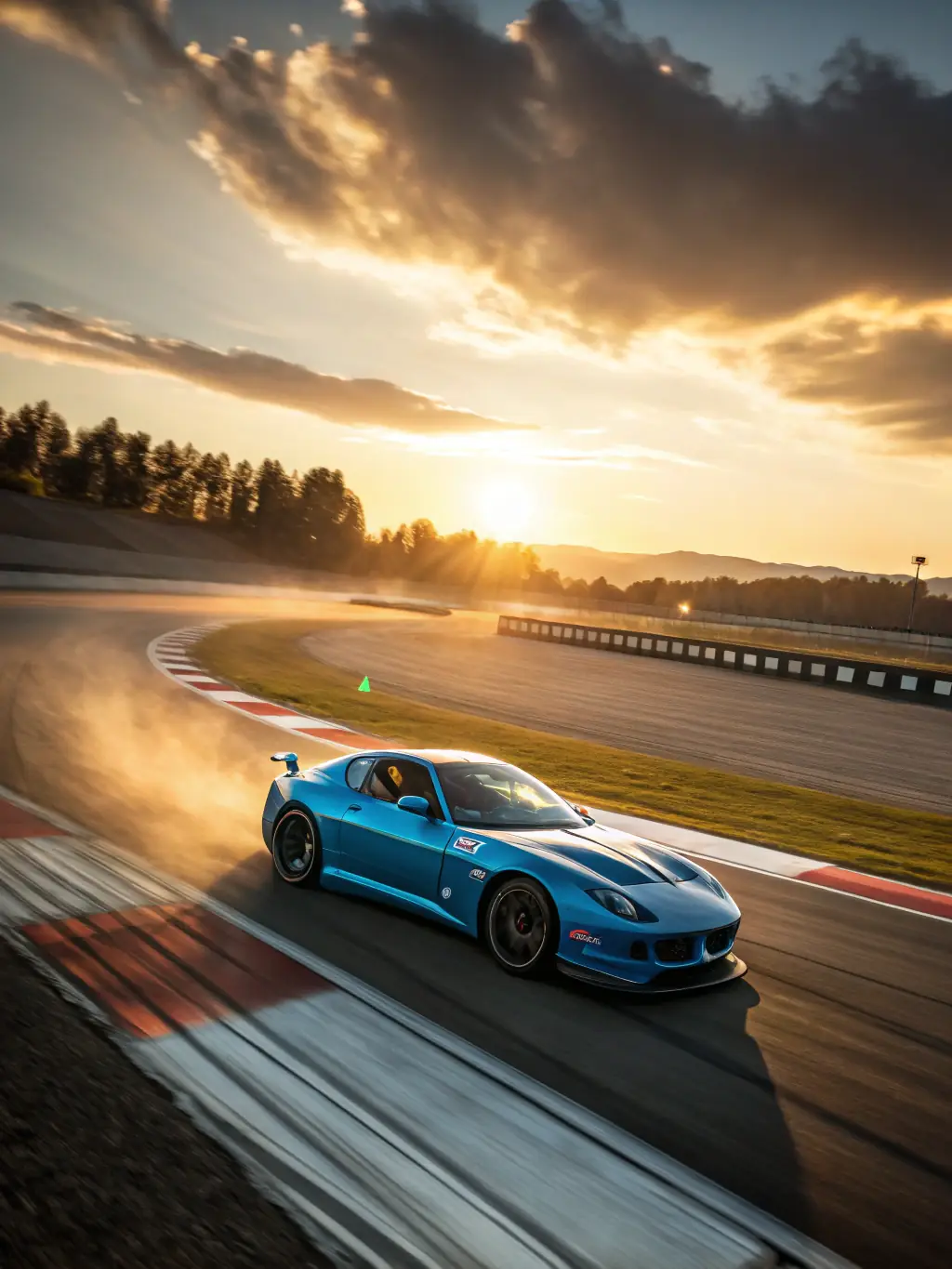 A dynamic shot of a Japanese car drifting on a racetrack, with smoke billowing and the crowd cheering in the background.