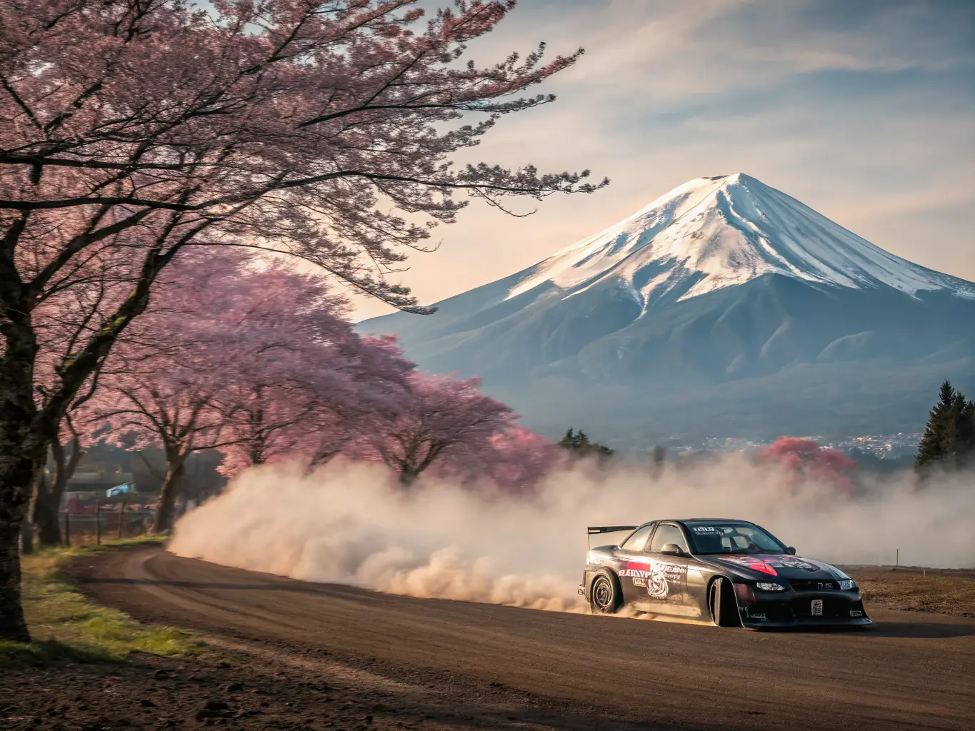 A dynamic shot of a drift competition at a JAPAN DAYS event, showcasing a modified Japanese sports car drifting around a corner with smoke billowing from the tires, capturing the excitement and energy of the event.