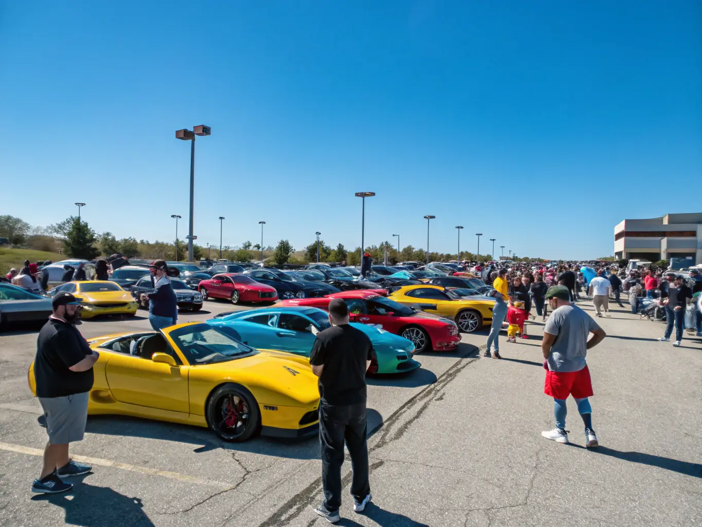 A vibrant photo capturing the energy of a JAPAN DAYS car meet, showcasing a variety of customized Japanese vehicles with enthusiasts interacting and sharing their passion for automotive culture.