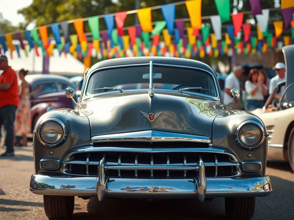 A visually appealing photo of a JAPAN DAYS exhibition, highlighting a meticulously restored classic Japanese car with informational displays and attendees admiring the vehicle.