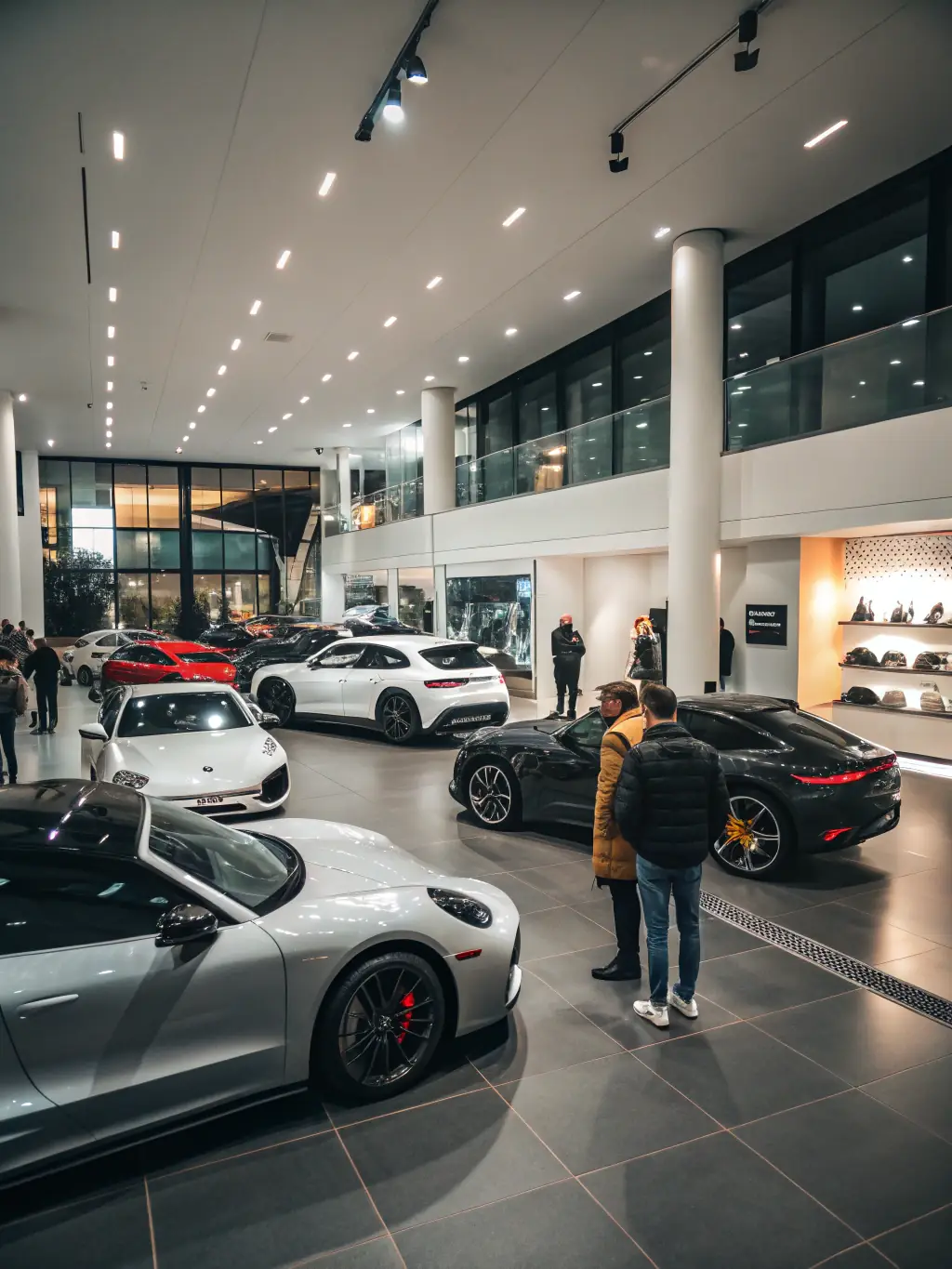 A high-angle shot of a car exhibition featuring various Japanese car models, with attendees admiring the vehicles and engaging in conversations.